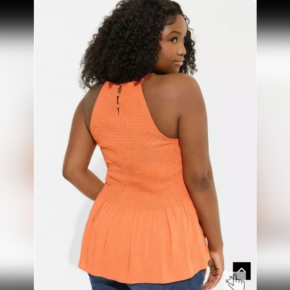 Torrid Vibrant Orange Challis Smocked Perplum Tank Top - Picture 2 of 9